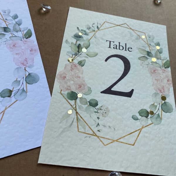 Blush pink roses Eucalyptus geometric frame TABLE NUMBERS foliage rustic A6 card