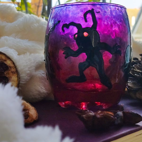 Stained glass candle holder for tea lights with Heartless, handmade suncather