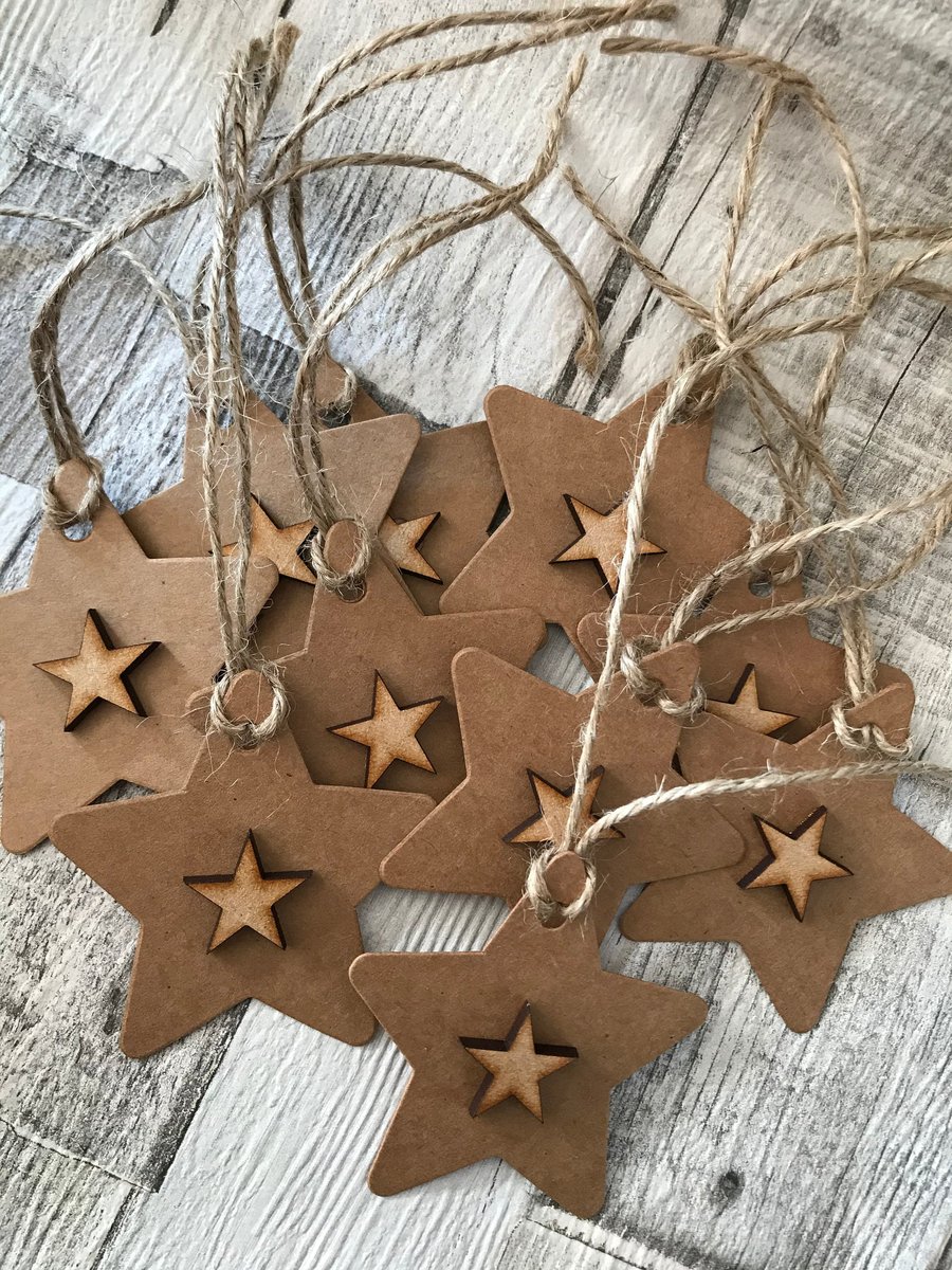 Handmade Wooden Star Gift Tags, Kraft Card, Jute String, Set of 10