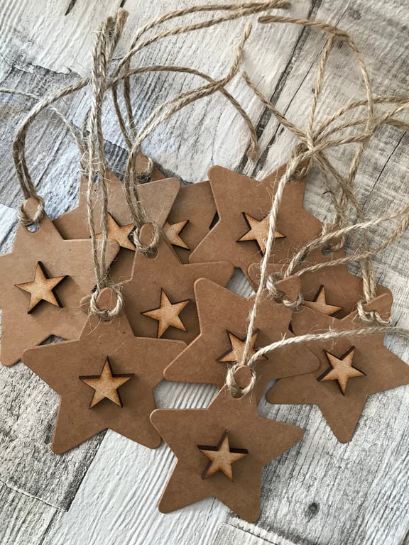 Handmade Wooden Star Gift Tags, Kraft Card, Jute String, Set of 10