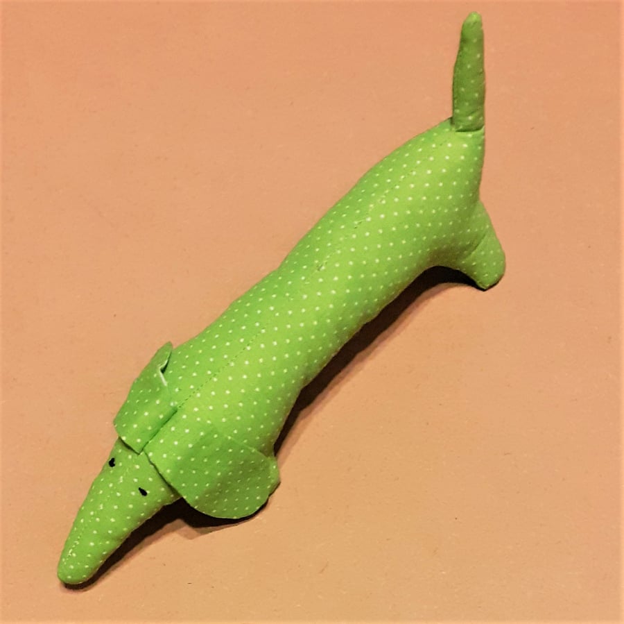 Sausage Dog Softie Soft Toy – bright Green with dots