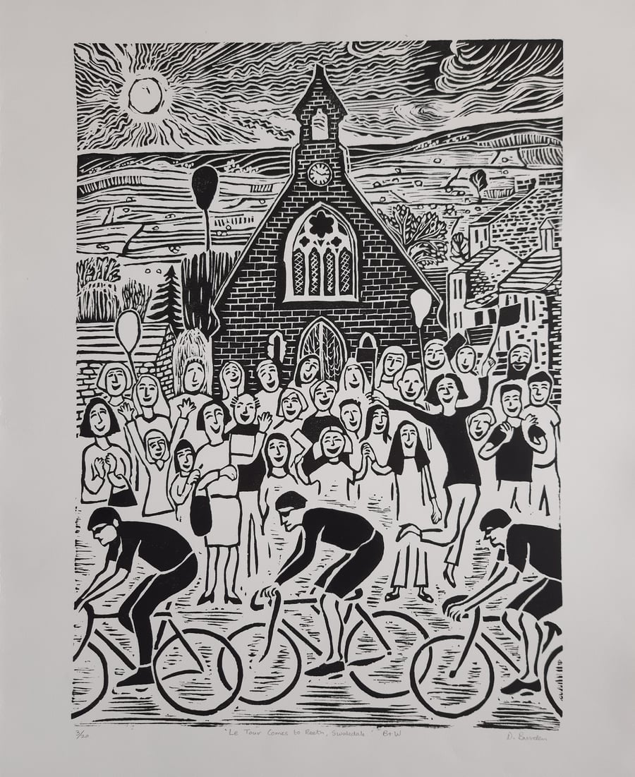 Large monochrome limited edition linoprint of cyclists in Le Tour