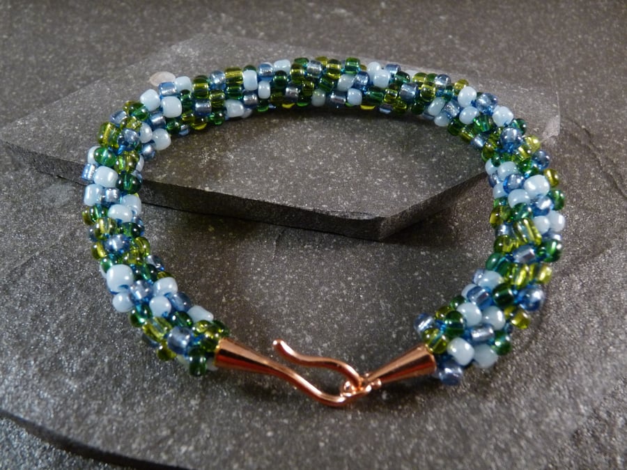 Blue & Green Kumihimo Bracelet - Rose Gold Copper Clasp