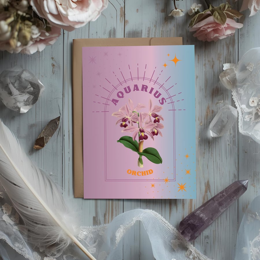 Aquarius Zodiac Flower Card. Orchid. Birthday Card for Jan 20 – Feb 18