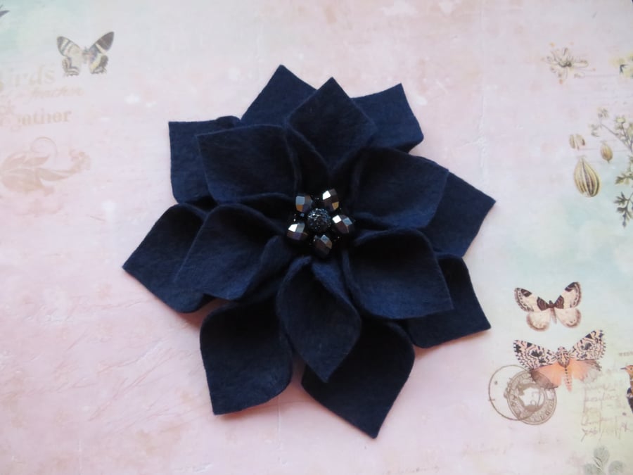 Navy Blue Vintage Retro Style Felt Flower Hair Accessory Clip Wedding