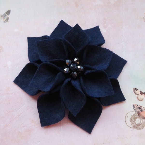 Navy Blue Vintage Retro Style Felt Flower Hair Accessory Clip Wedding