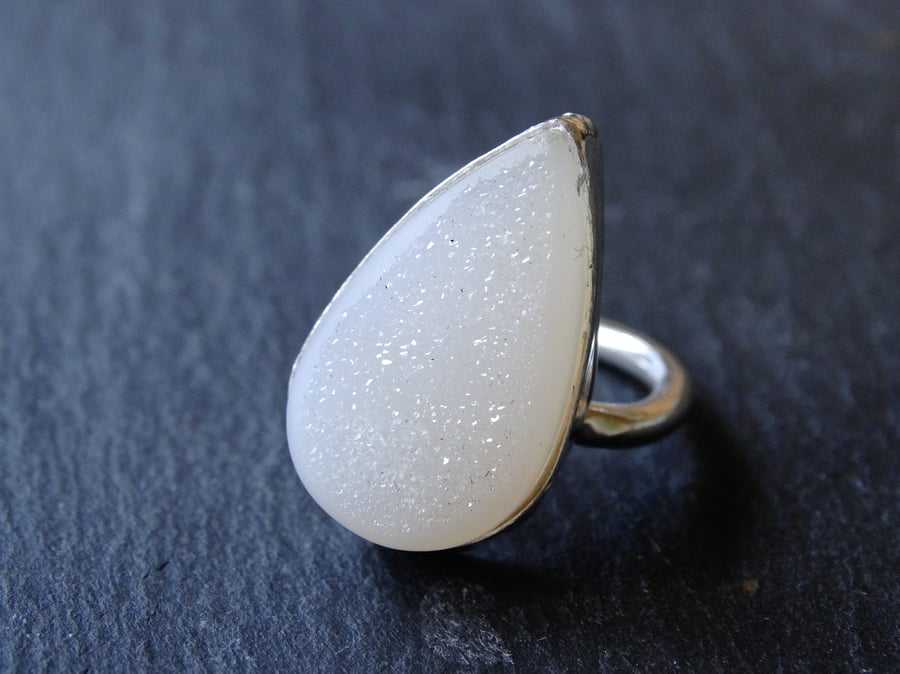 Sterling silver adjustable resizable isolde ring. White pear Druzy, drusy