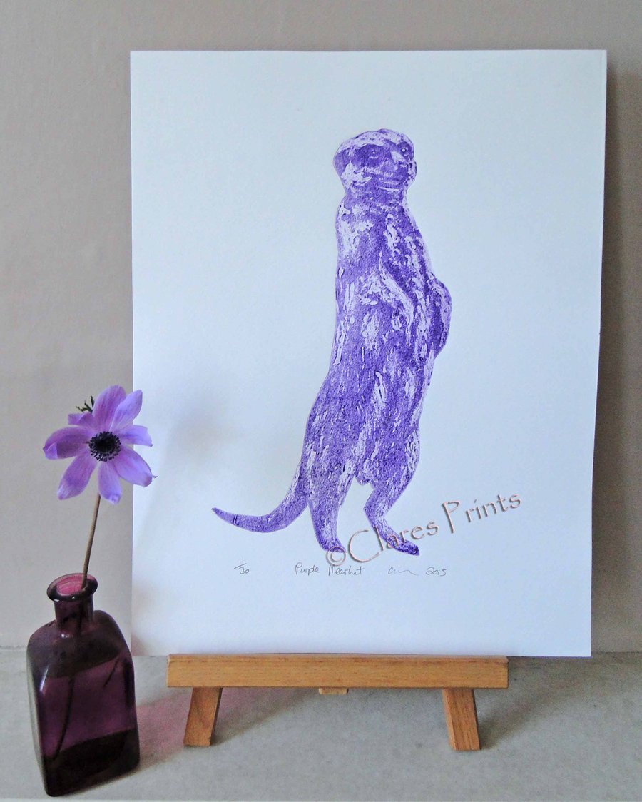 Purple Meerkat Animal Limited Edition Collagraph Print Art