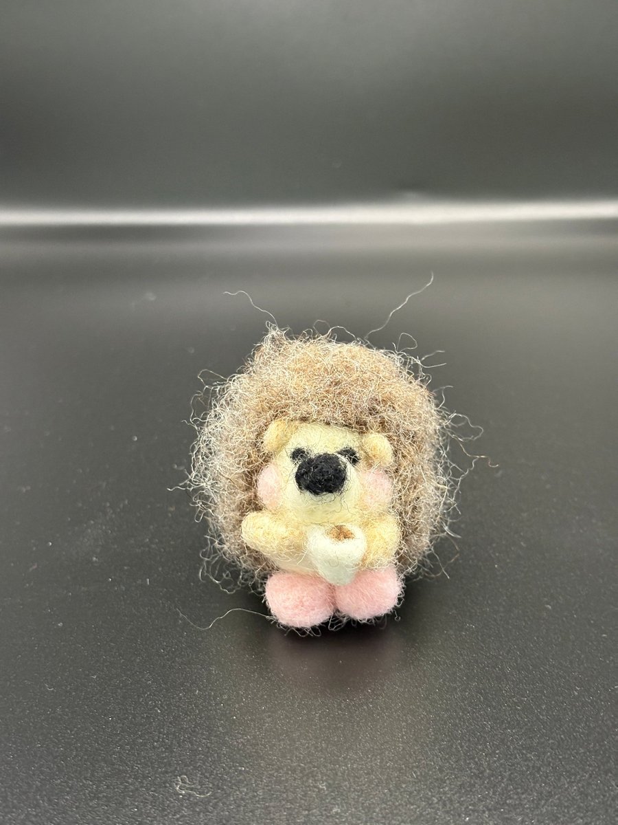 Cute Handmade Needle Felted Hedgehog Drinking Tea Wearing Pink Slippers