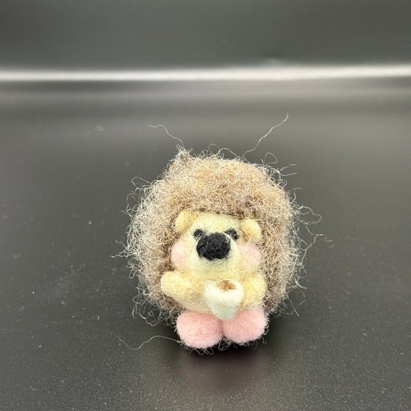 Cute Handmade Needle Felted Hedgehog Drinking Tea Wearing Pink Slippers