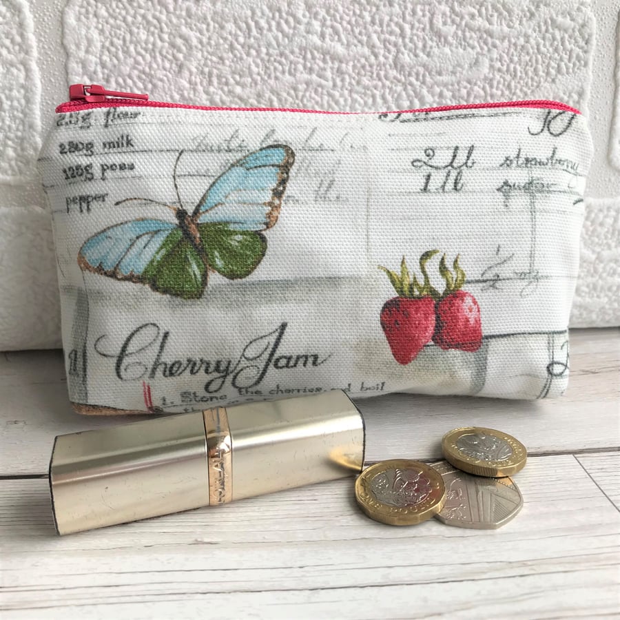 Large purse, coin purse with strawberries, blue butterfly and grey recipe script