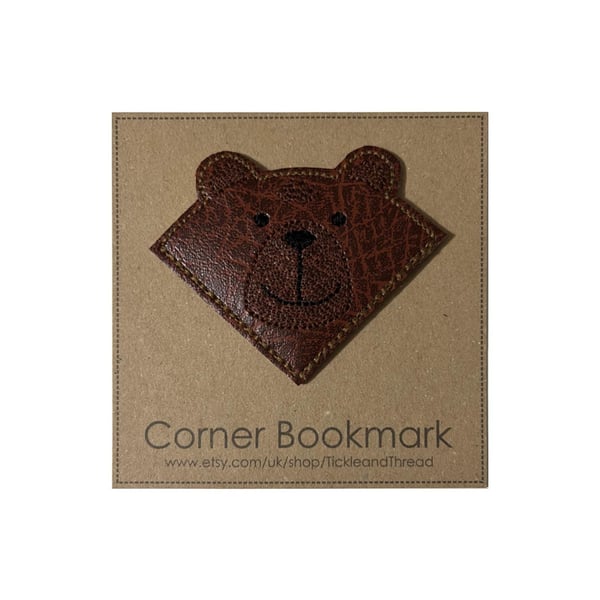 Embroidered Brown Bear Corner Bookmark: Chocolate Vinyl