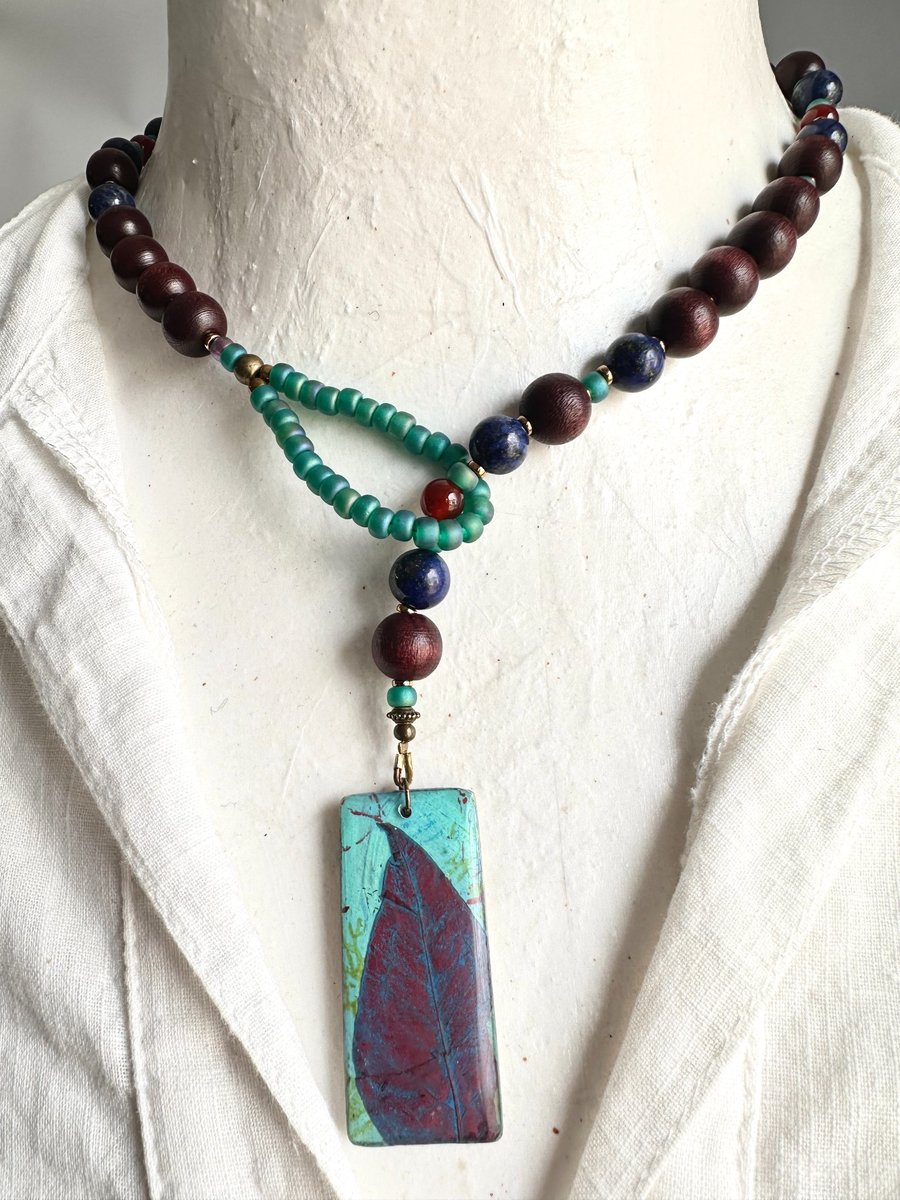 Lariat Style Botanical Pendant with Lapis Lazuli and Red Jade
