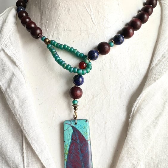Lariat Style Botanical Pendant with Lapis Lazuli and Red Jade
