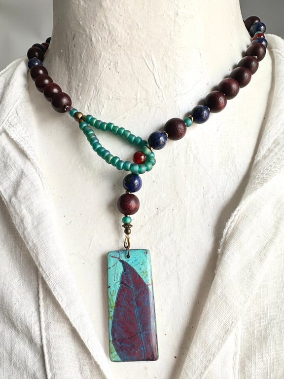Lariat Style Botanical Pendant with Lapis Lazuli and Red Jade
