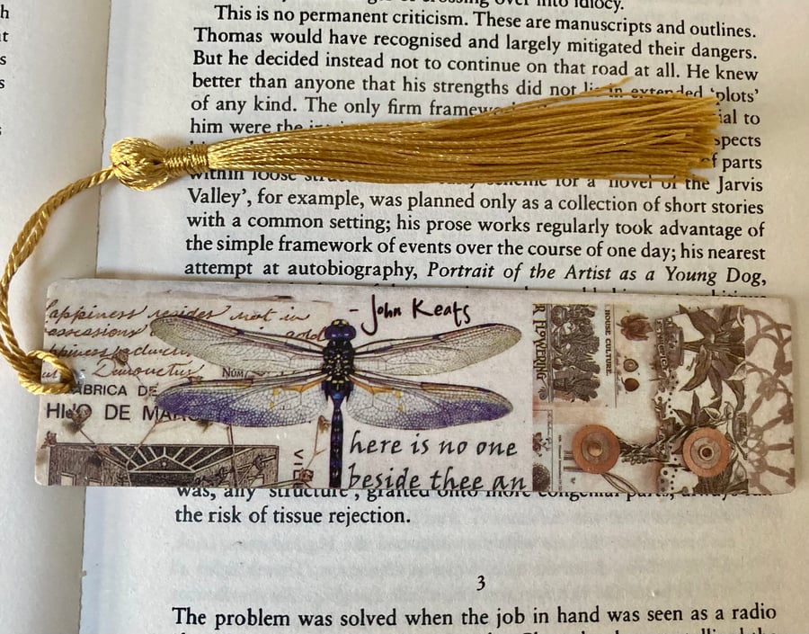 Dragonfly Bookmark John Keats Quote Handcrafted Decoupage Silk Tassel