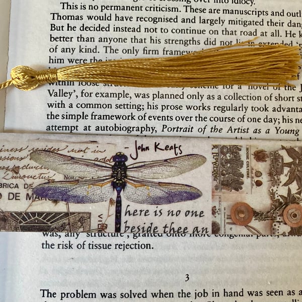 Bookmark Dragonfly &  Keats Quote Vintage Style Hand Crafted Decoupage
