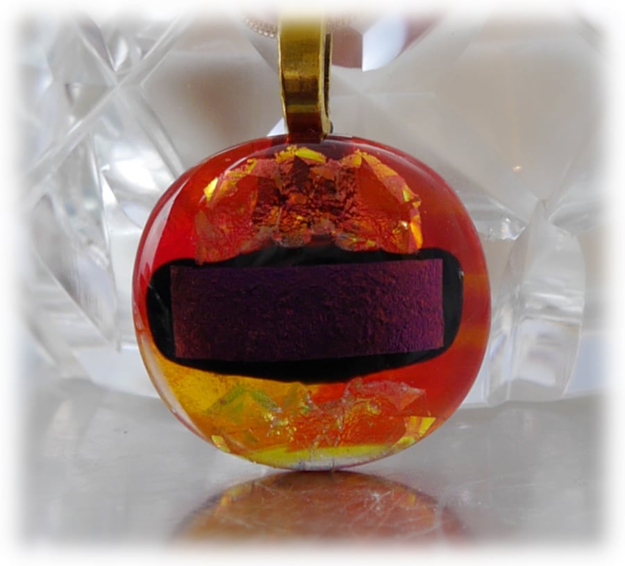Dichroic Glass Pendant 050 Red Fire Handmade with gold plated chain