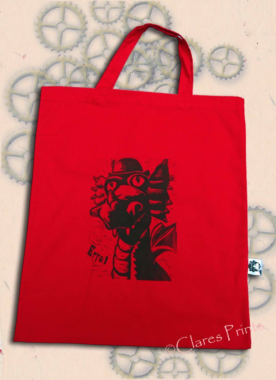 Steampunk Dragon Tote Animal Linocut Hand Printed Red Shopping Bag