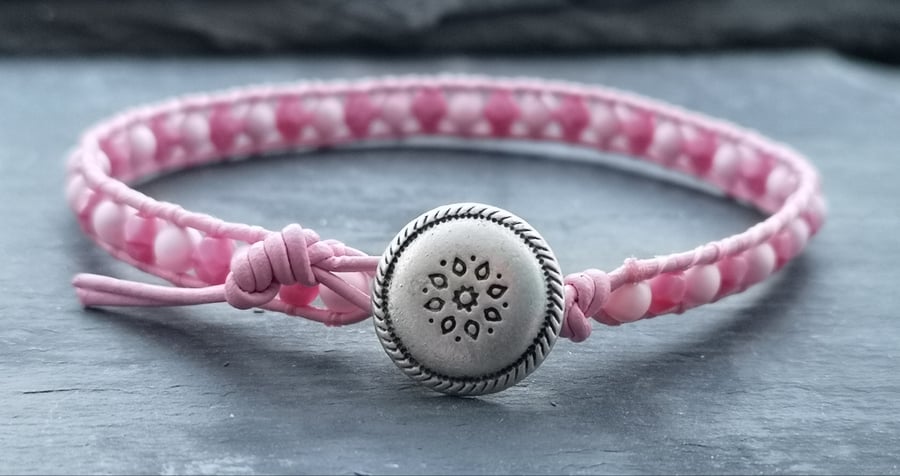 SALE pink leather bracelet with glass beads and Swarovski pearls