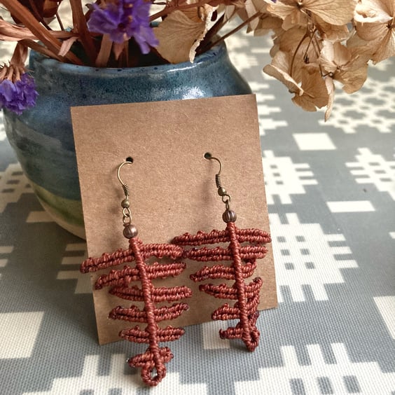 Earthy Rust Fern leaf Macrame Earrings, inc Free UK Delivery