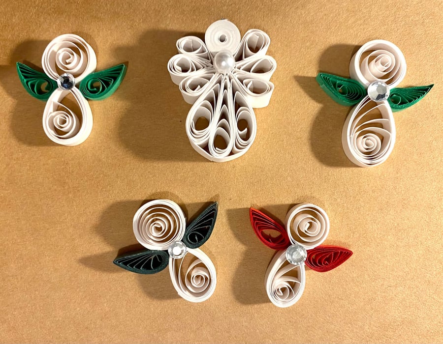 Set of 5 Quilled Quilling Angels Christmas Tree Decoration Ornaments
