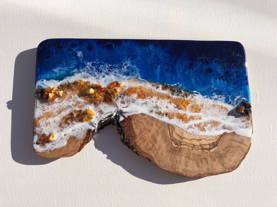 Ocean inspired resin painting on olive wood, Amber 