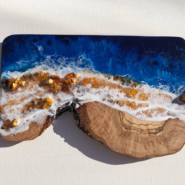 Ocean inspired resin painting on olive wood, Amber 