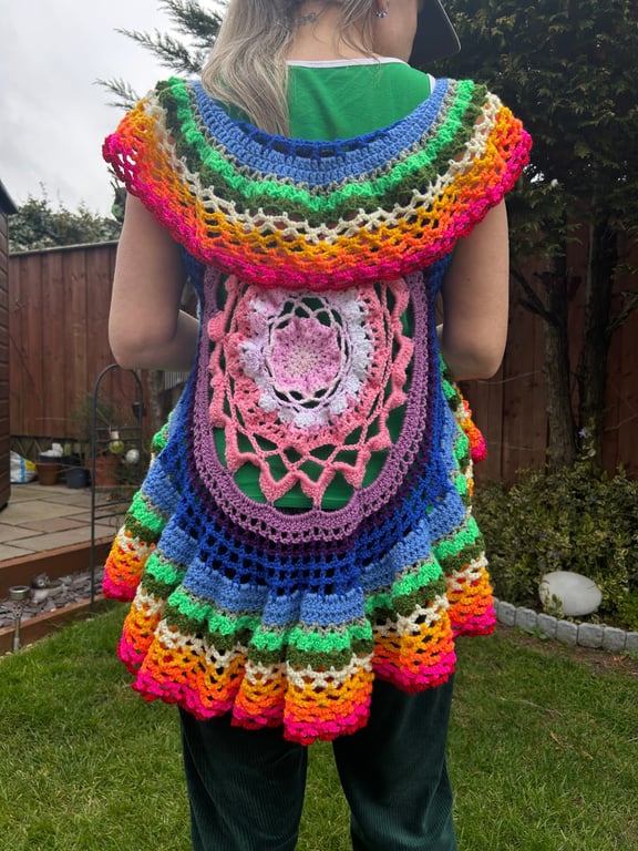 Handmade Crochet Mandala Circular Vest. Bohemian Style. Festival. Size: 8-10