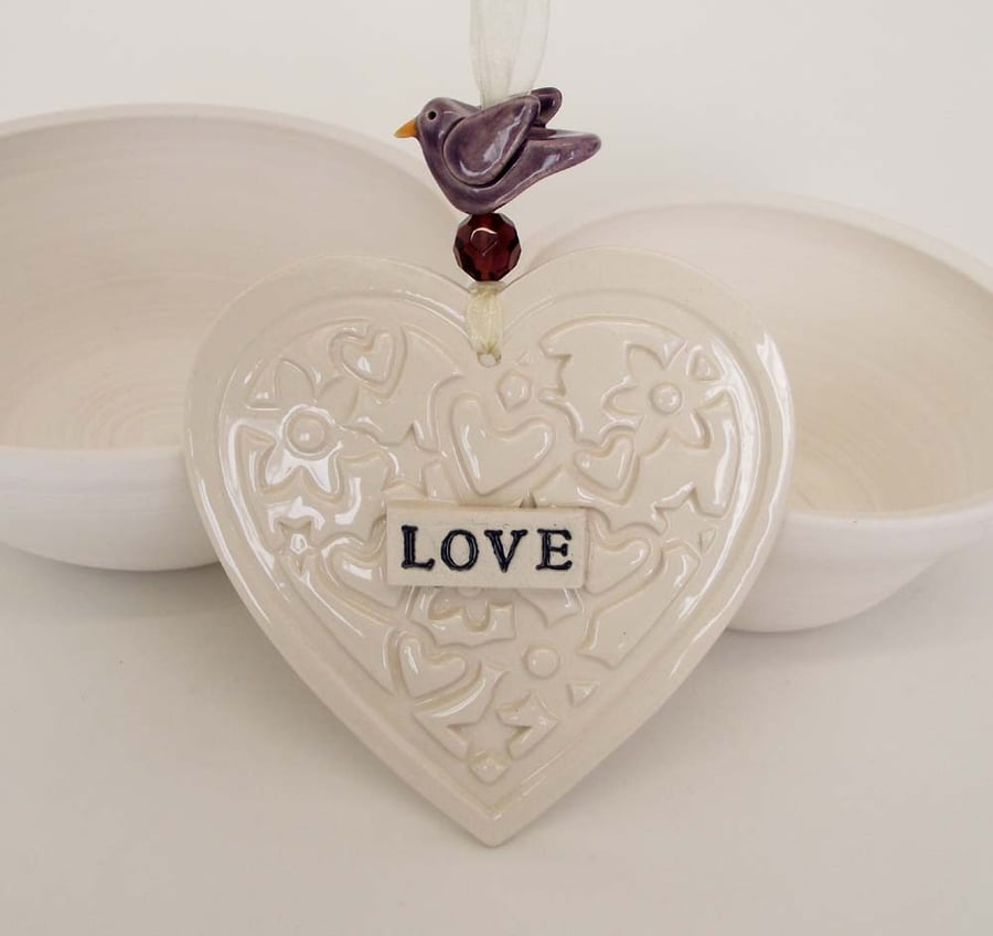 ceramic heart decoration with bird Love heart Wedding