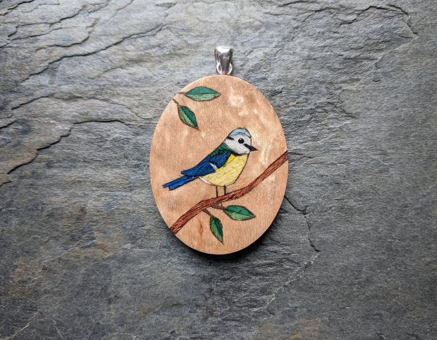 Handmade Miniature Marquetry Blue Tit Pendant, wood silver