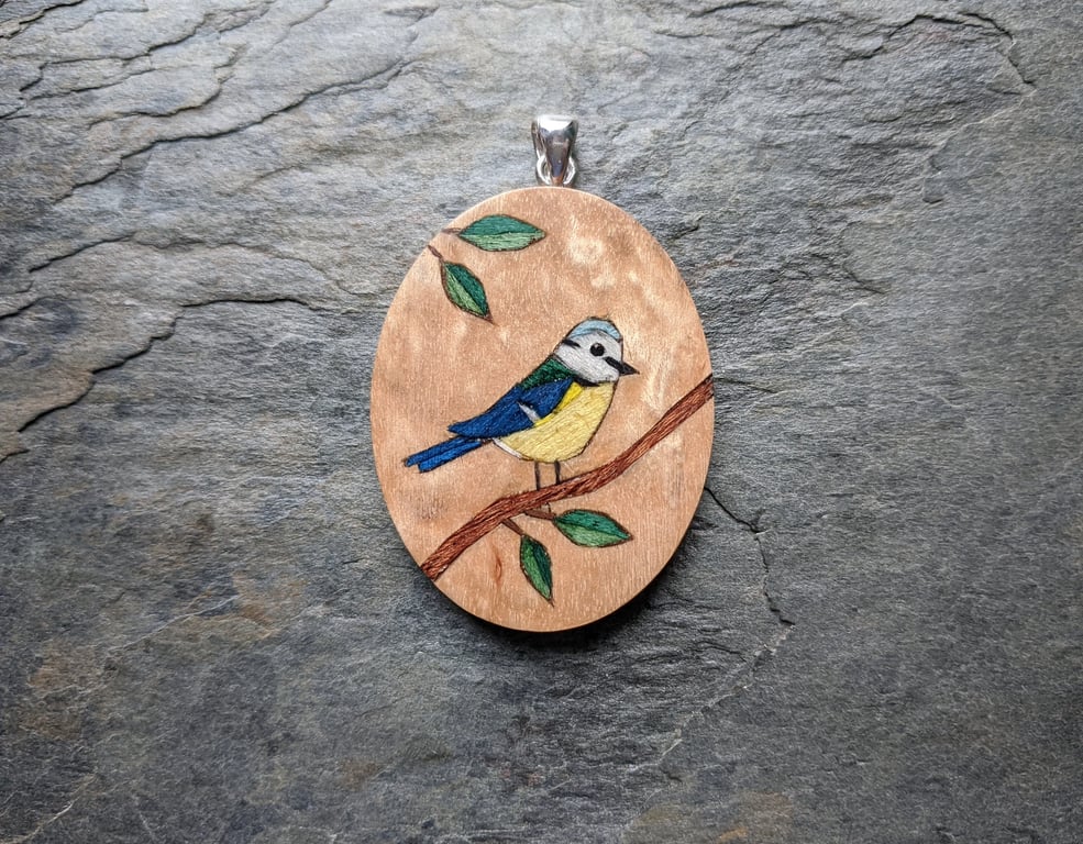 Handmade Miniature Marquetry Blue Tit Pendant, wood silver