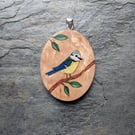 Handmade Miniature Marquetry Blue Tit Pendant, wood silver