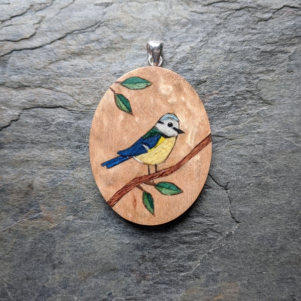 Handmade Miniature Marquetry Blue Tit Pendant, wood silver