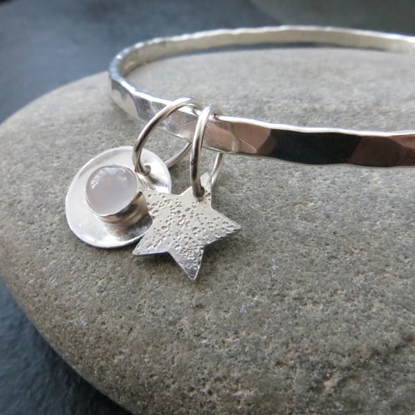 Sterling silver bangle with moonstone, Moon and stars bangle, Lunar jewellery