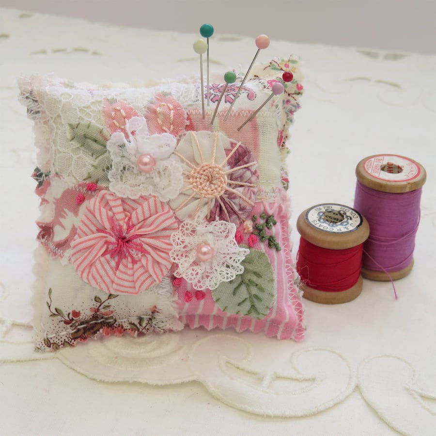 Patchwork Pincushion - Pink and White, from snippet roll
