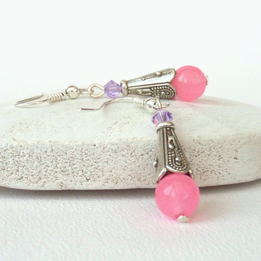 Handmade earrings with pink jade and Swarovski crystal elements