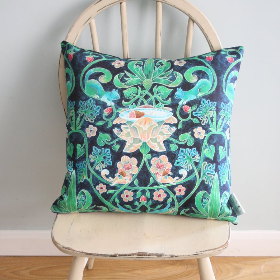 Botanical Cats Cushion - "That Aint A Strawberry Thief" in cotton