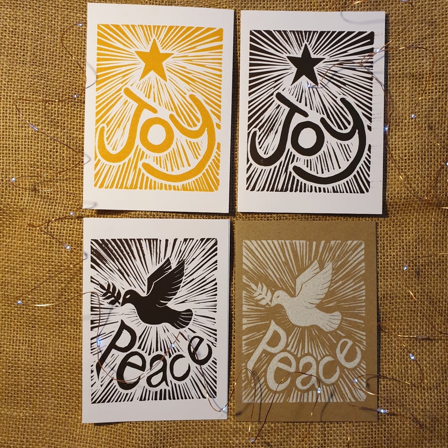 4 handmade, original, linocut print Christmas cards 