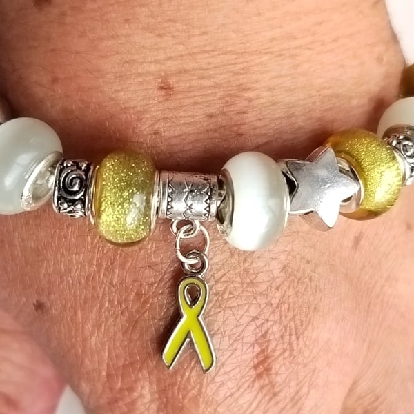 Cancer Awareness Charm Bracelet Yellow Glitter & White European 9" 23cms