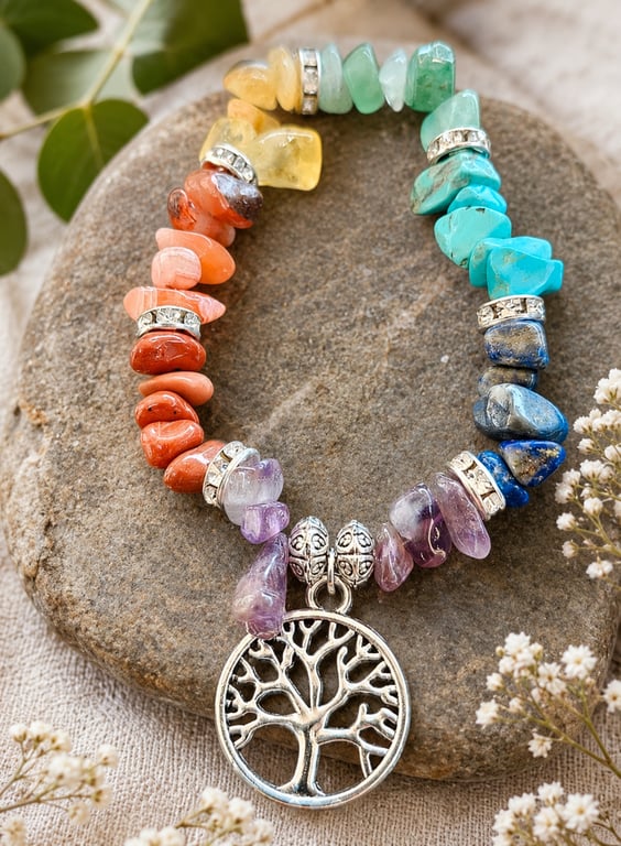 Handmade Chakra Balancing Bracelet - Tree of Life Charm 
