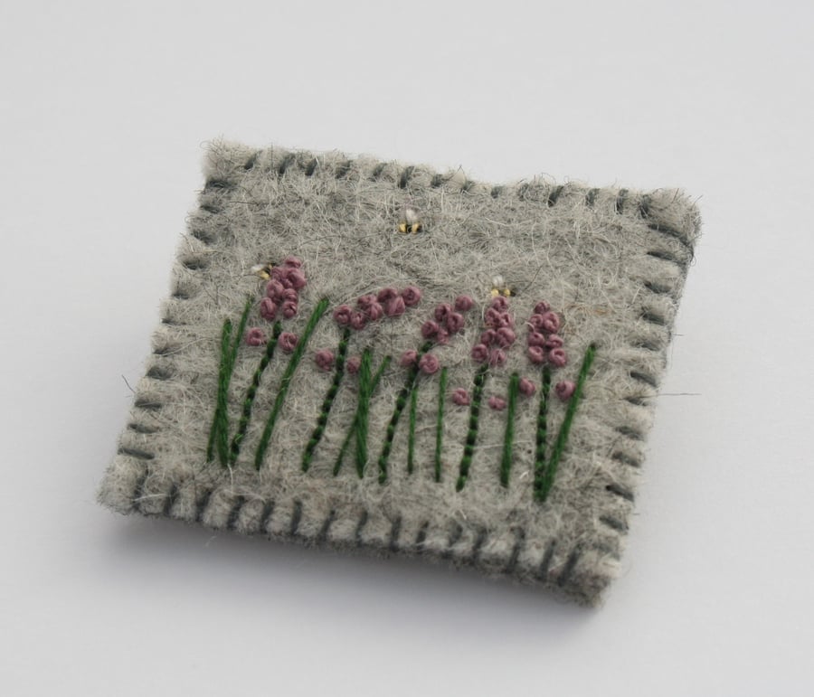Bees and Lavender Embroidered Brooch with Wool Felt