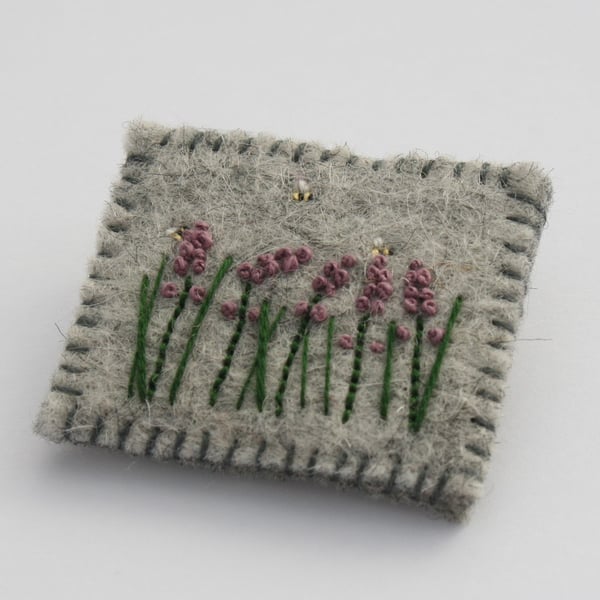 Bees and Lavender Embroidered Brooch with Wool Felt
