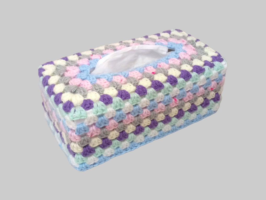 Tissue box cover in multi coloured stripes, handmade crochet cover