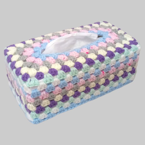 Tissue box cover in multi coloured stripes, handmade crochet cover