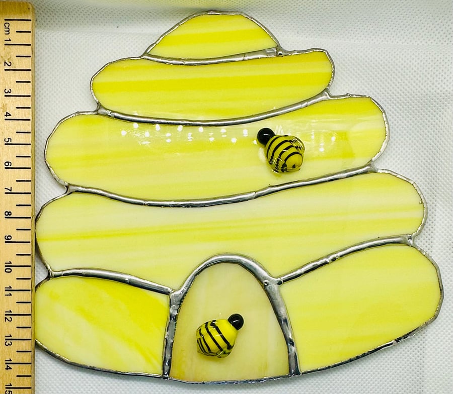 Stained glass bee hive and glass bees