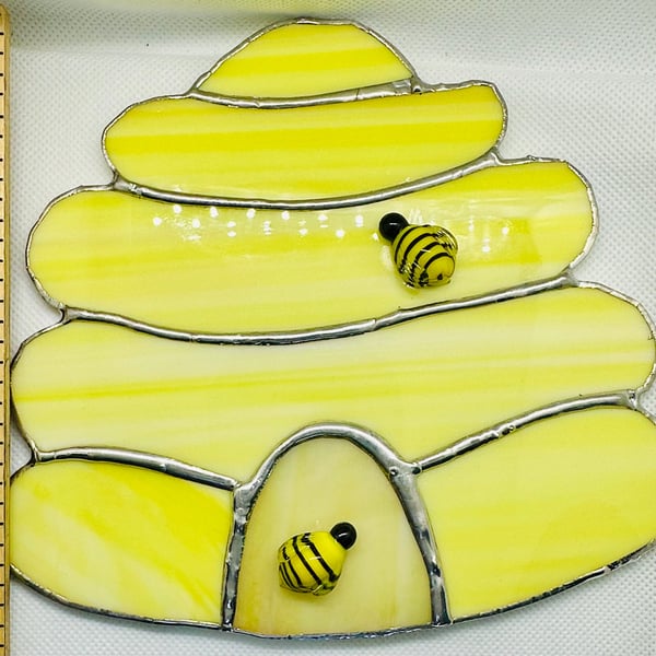 Stained glass bee hive and glass bees