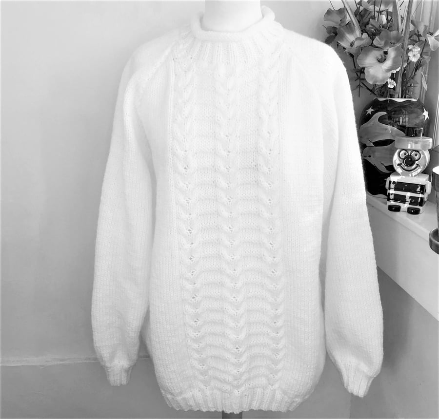 Large Hand knitted Aran White Cable sweater by Bexknitwear