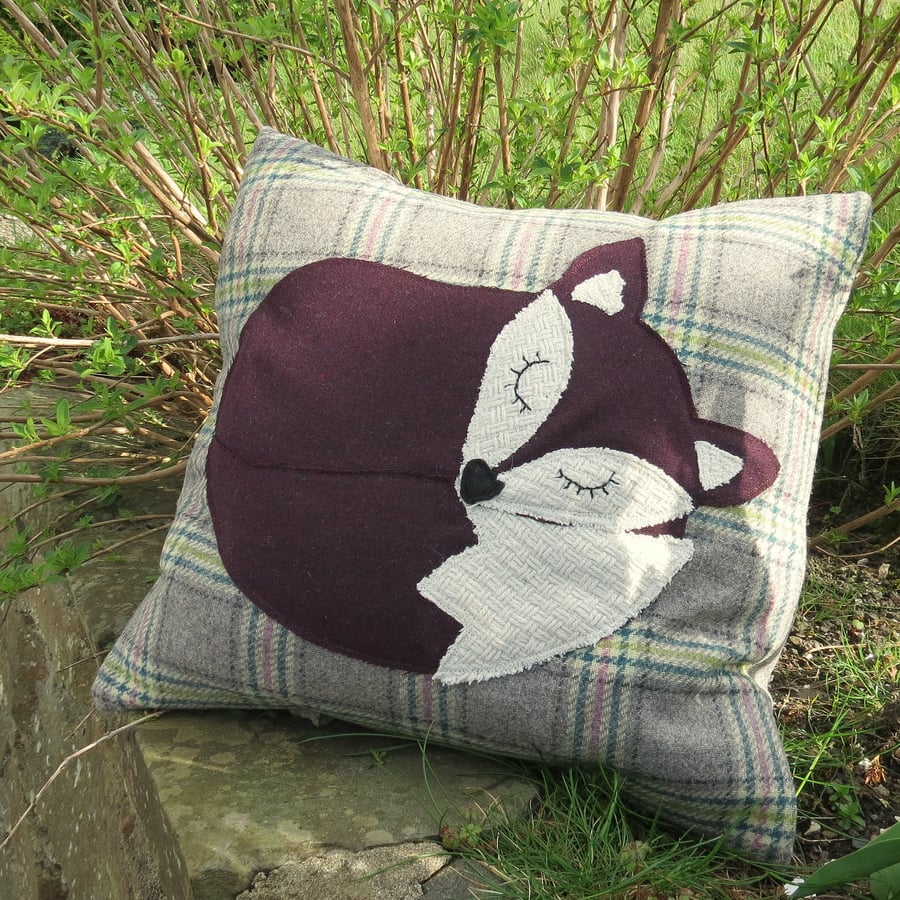 A snoozy fox on tartan wool. Complete with feather pad. Fox cushion. 