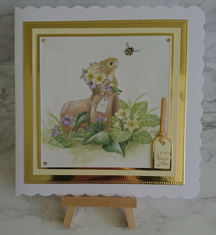 Niece Birthday Card To a Very Special Niece Cute Field Mouse Flowers 3D Luxury